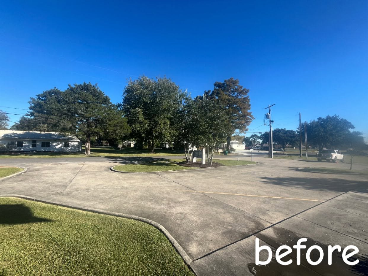 Commercial concrete walkway in Lafayette stained black with years of dirt, oil and mildew buildup.